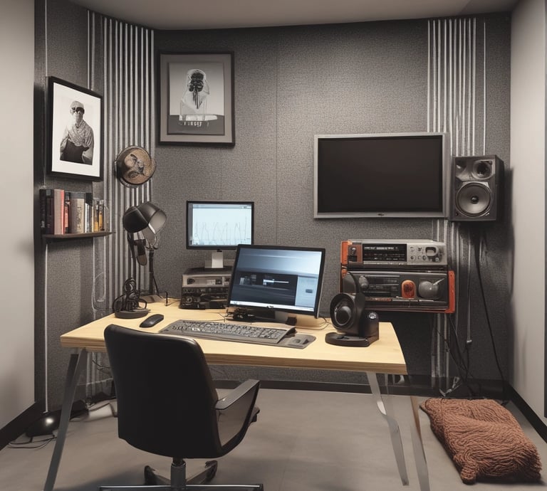 A modern podcast studio with professional microphone setups on a table surrounded by green and black office chairs. The room has acoustic foam on the walls for soundproofing and large square ceiling lights. The walls are predominantly adorned with decorative panels and some branding elements.