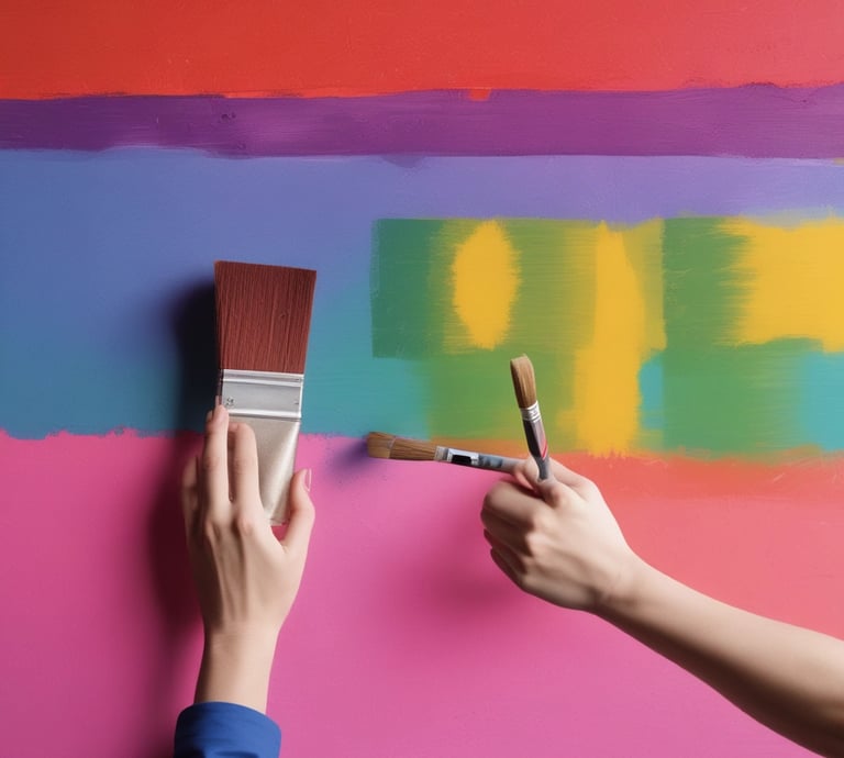A professional painter applying bright colors to a wall.