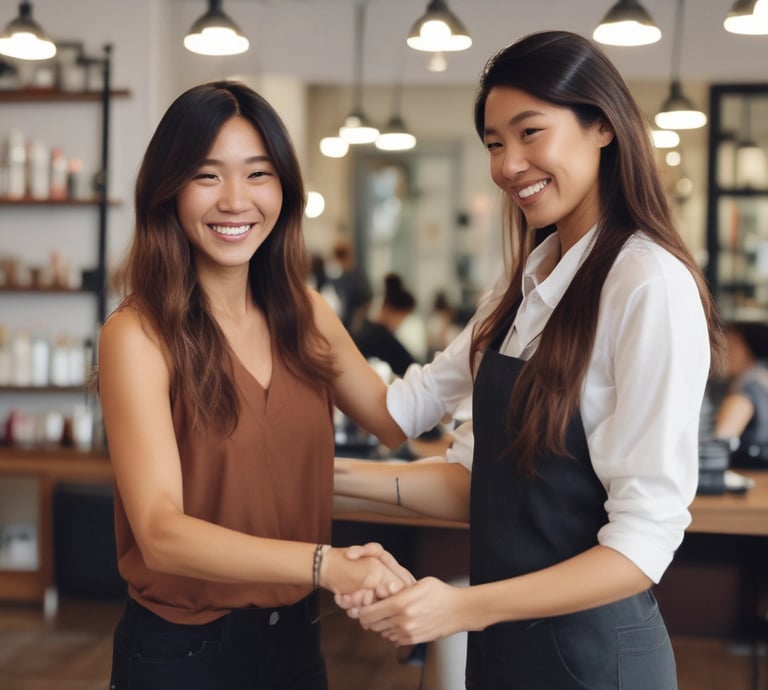 Hairstylist business owner with happy customer