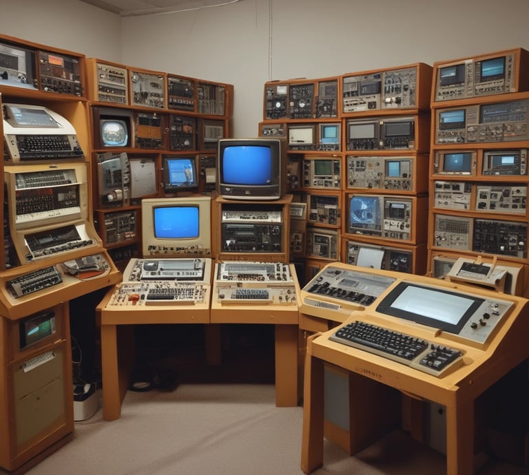 A collection of vintage computers and monitors displayed on a white shelving unit, accompanied by a variety of books neatly organized on the shelves. The top shelf features retro Apple computers and gadgets, including a webcam and a small figure. Below, books of different genres and topics line the shelves, with a few gaming controllers and a model motorcycle in the lower compartments.