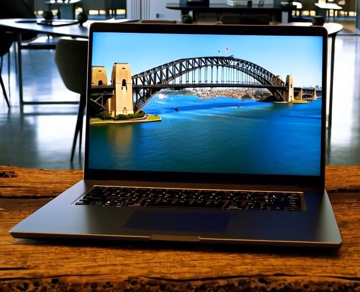 A laptop open on a rustic table the Sydney Harbour Bridge is on the screen