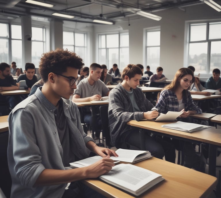 A classroom filled with students deeply focused on writing in their notebooks. The students, dressed uniformly, are seated in wooden desks lined in neat rows. The room is adorned with educational posters and has a large window allowing natural light to illuminate the space.