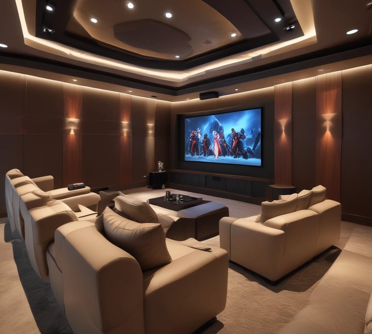 A spacious audio equipment showroom featuring a variety of high-end sound systems. Several tall speakers are aligned against the walls, displaying sleek wooden and metallic finishes. Electronics such as amplifiers and receivers are arranged on modern glass shelves, and a large, plush brown rug covers the floor. A sign on the left side suggests a focus on luxury electronics.