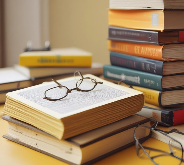 A stack of three mathematics textbooks is placed on a yellow surface, with a pair of black glasses resting on top. Nearby, a smartphone on a stand displays a calculator app showing the number pi. Various stationery items, including a pencil, eraser, and geometric tools, are also arranged nearby.
