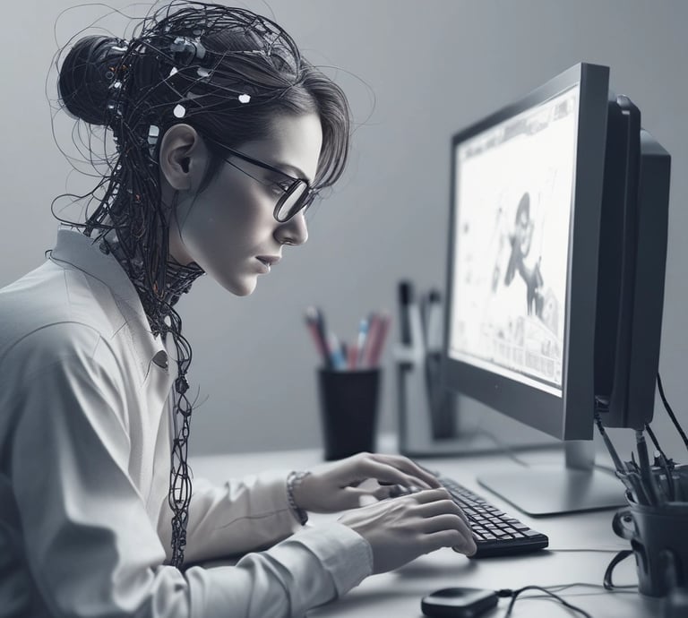 A futuristic and digital-themed image features a stylized circuit board with the words 'Open AI' in bold, glowing letters. Above it is a design that resembles an AI or robot face with neon accents. The background consists of a network of interconnected blue lines and nodes, suggesting themes of technology and connectivity.