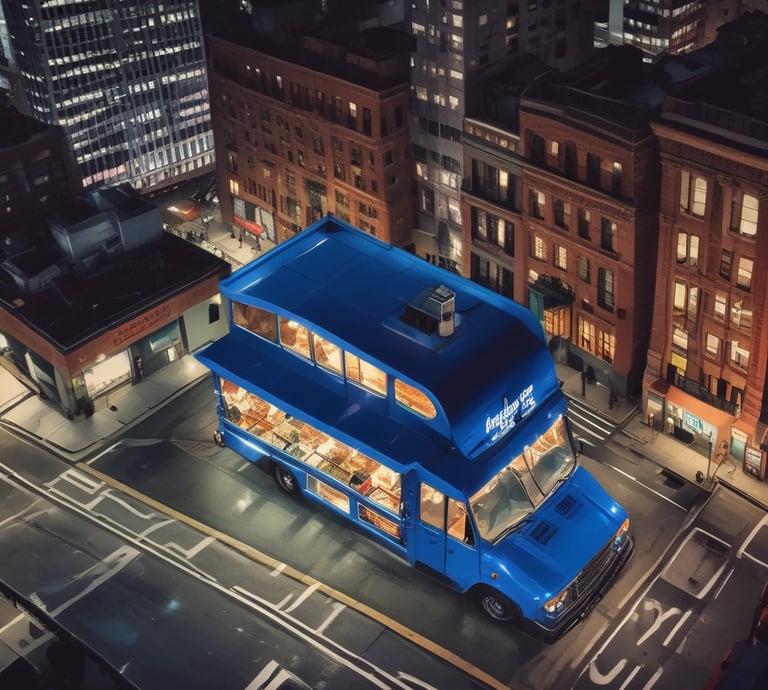 A vintage food truck painted light blue and white is parked outdoors. The truck is set up for business with an open service window displaying various items like baskets and condiments. A woman stands beside the truck wearing an apron. The surrounding area includes a small collection of wooden furniture and decorative items, likely indicating a market or outdoor gathering. Large trees and a building in the background suggest an urban setting.