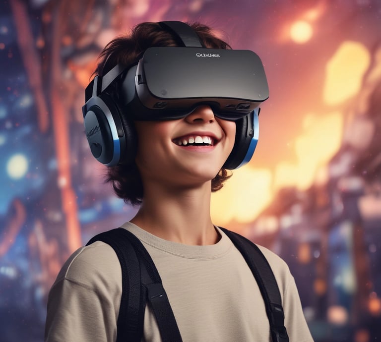 Virtual reality occulas 3 headset worn by 13 year old smiling boy against sci-fi background