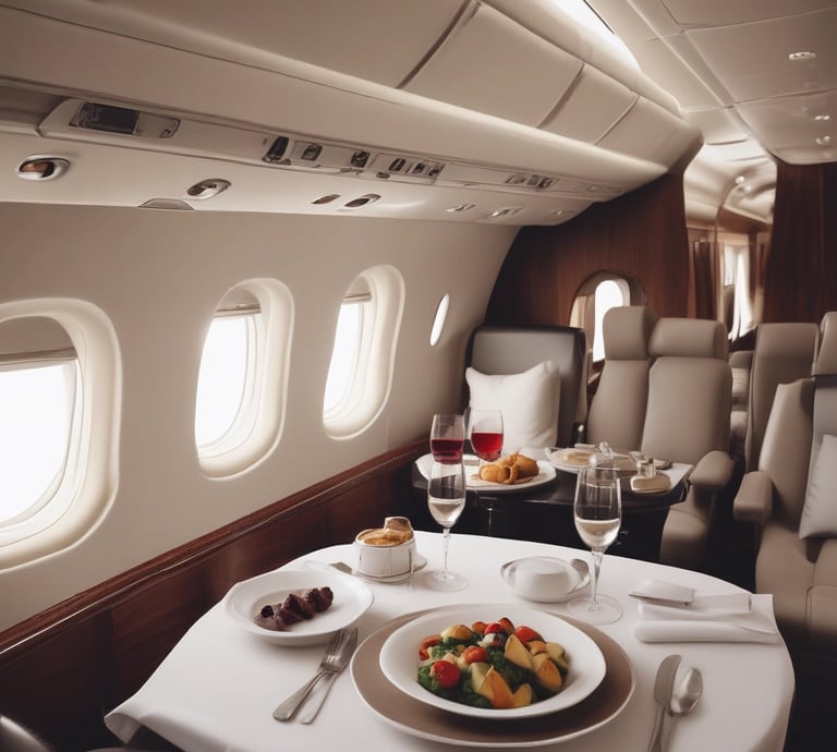 Create a fine dinning meal sitting on a table inside a private jet