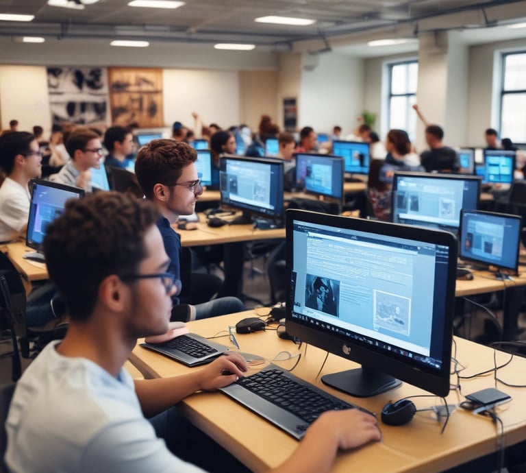 A modern classroom with students engaged in coding lessons.