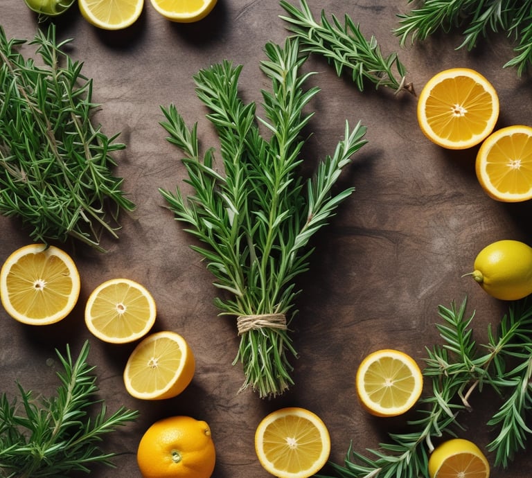 Close-up of a drop of aromatic oil falling onto fresh lemon and rosemary leaves, highlighting natural ingredients.