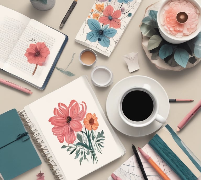 A journal with a simple design of a white branch and leaves on a brown cover rests on a table. Next to it, a box of stationery supplies, including tape and colored circles, is visible. A pen is tucked into the journal, which sits on top of a closed burgundy folder.