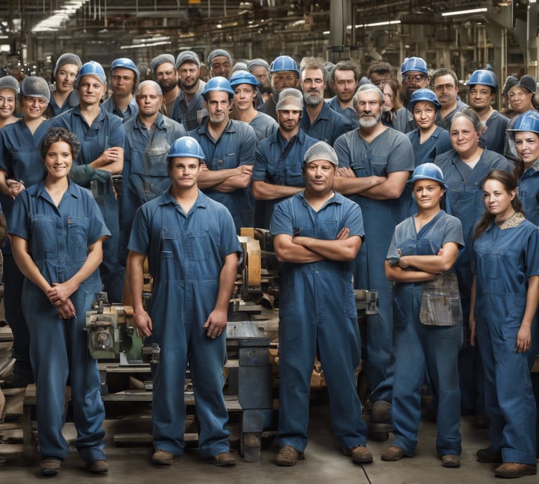 a group of workers in blue overalls and blue overalls