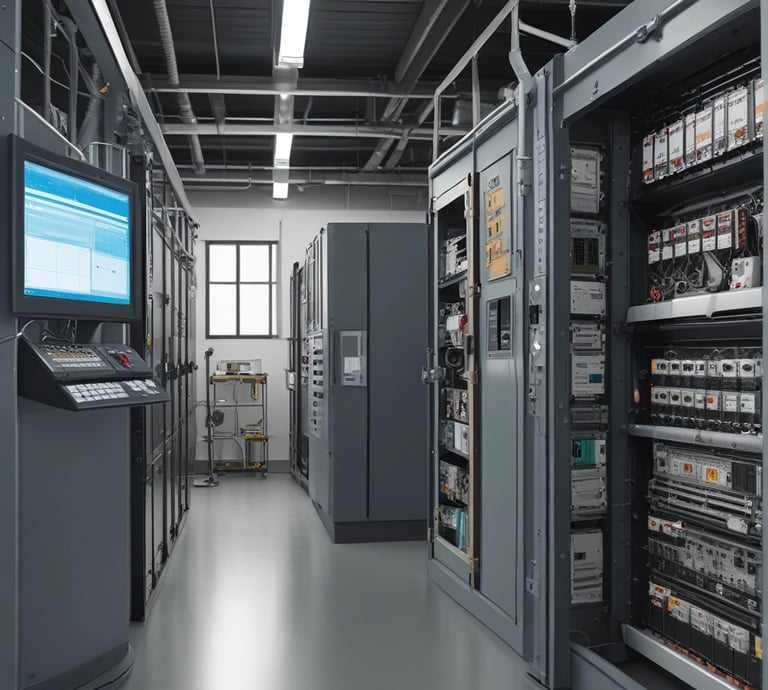 A large industrial factory setting with heavy machinery and equipment. Several workers are engaged with the machines, appearing to be operating or maintaining them. The scene is dimly lit, with numerous overhead lights leading into the distance. The machinery is robust and complex, indicating a heavy manufacturing process.