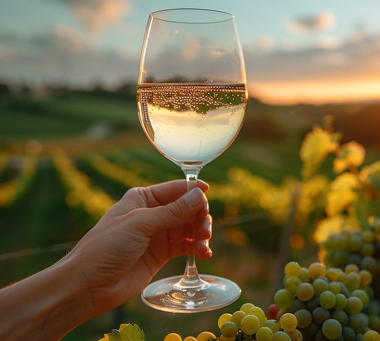 a person holding a wine glass in front of a vineyard