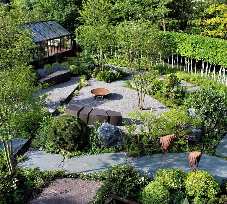 a garden with a stone path
