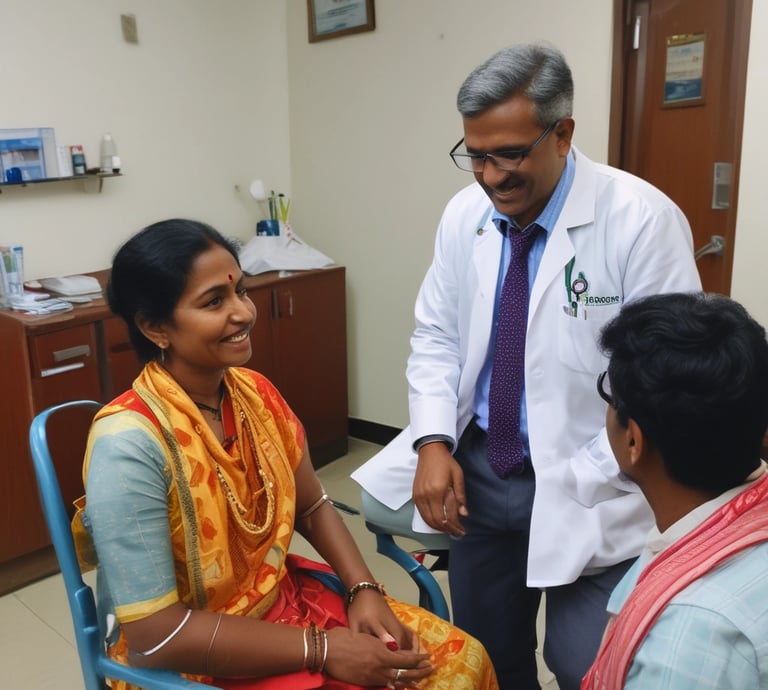A warm consultation scene between a cardiologist and a patient in a bright, welcoming clinic room.