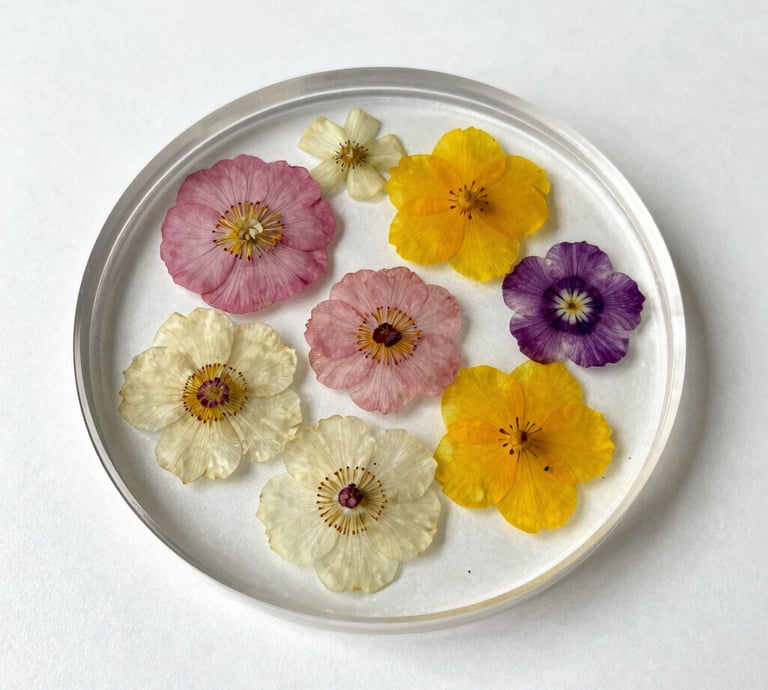 a table with flowers and leaves