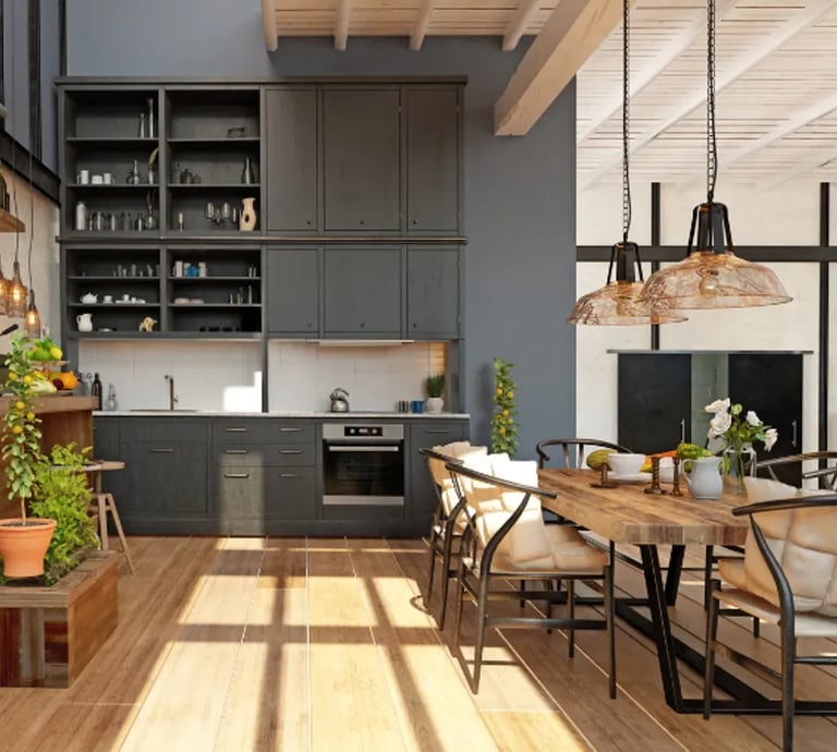 Modern kitchen with warm woods, kitchen table, gray cabinets and wood floors