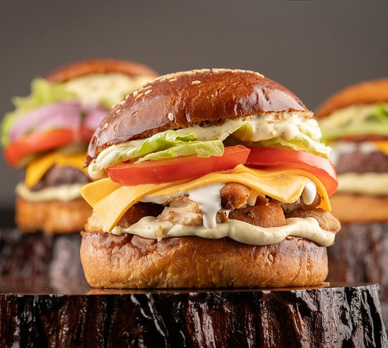 hamburger burger com tomate, alface, frango, queijo e maionese caseira