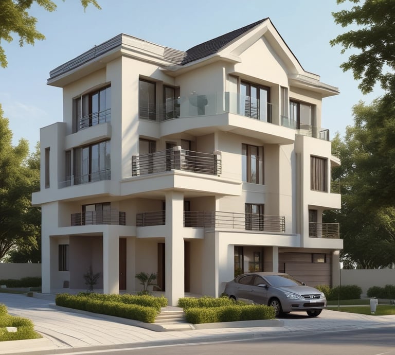 A group of people dressed in formal attire are standing in front of a real estate office. The storefront displays a large sign with an URL and various social media icons, and text in a foreign language. The group mostly consists of men in white shirts and dark trousers, standing in a straight line, with two women at either end of the row.