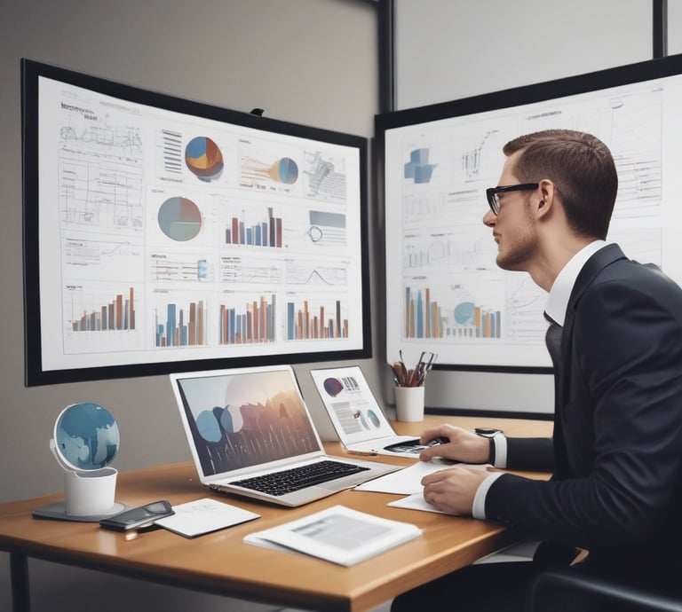 A professional consultation setting with a medical professional sitting at a desk facing a client. The room has a modern aesthetic with white walls decorated with framed certificates. The desk is organized with office supplies, a laptop, and a fruit bowl in the center.