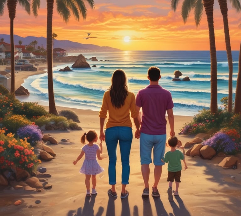 A joyful family enjoying a scenic California beach.