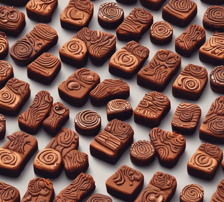 A cozy display of assorted brownies and cakes in warm tones.