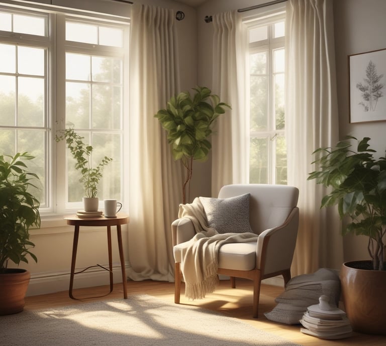 A cozy reading nook with soft pillows and warm lighting.