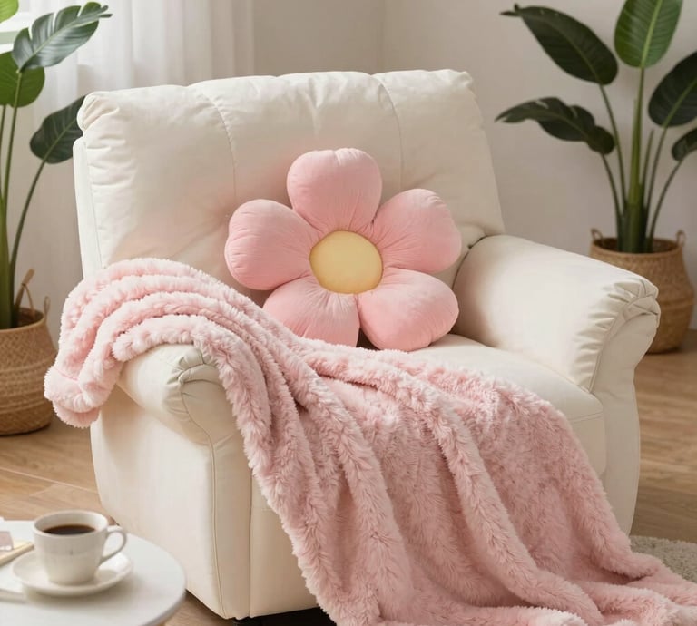 A cozy, feminine corner of a room with blush pink cushions, fairy lights, and elegant home decor pieces like vases and candles.