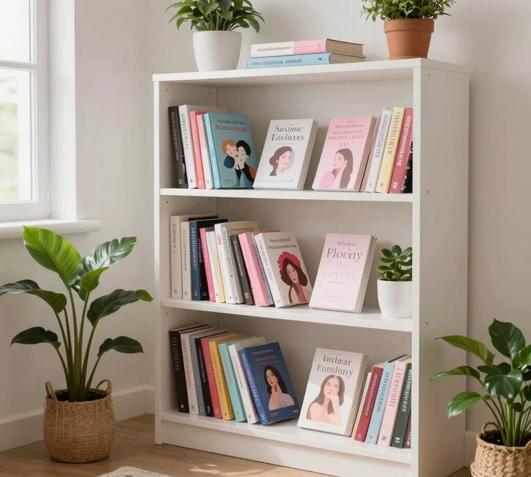 A cozy, feminine corner of a room with blush pink cushions, fairy lights, and elegant home decor pieces like vases and candles.