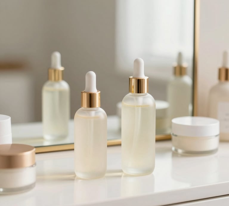 A soft, pastel-toned flat lay of skincare products including serums, creams, and facial rollers arranged on a delicate lace cloth.