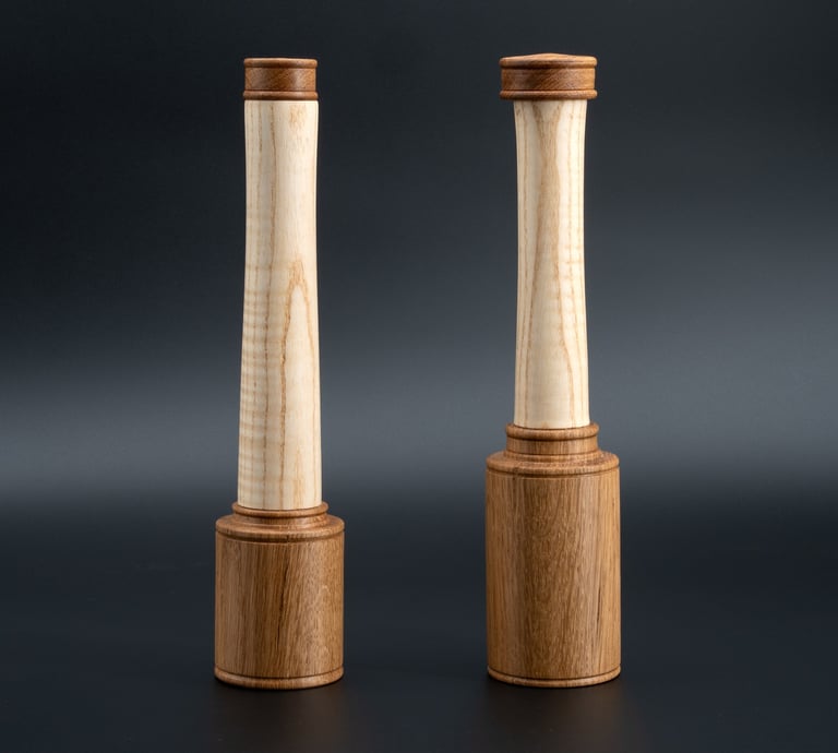 Wood turned pepper and salt grinders