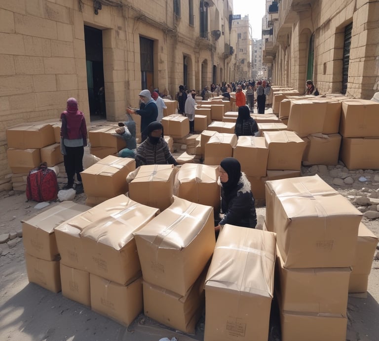 A person wearing a hat is leaning against large cardboard boxes labeled 'Amazon Disaster Relief' with humanitarian goods. The individual appears to be using a mobile phone. The boxes are strapped and suggest they are ready for transport or distribution. The setting appears to be outdoors with some greenery in the background.