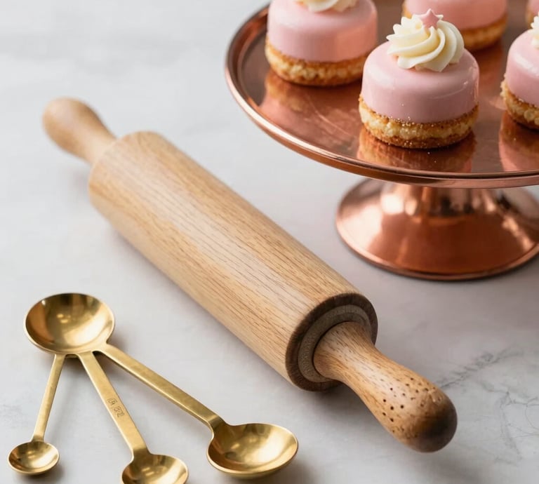 A high-end, detailed close-up photography of professional baking tools in a chic North American patisserie. A classic French wooden rolling pin, elegant brass measuring spoons, and a sleek copper cake stand holding a beautifully decorated pastel pink miniature cake with cream frosting. Soft glowing light, elegant editorial composition.