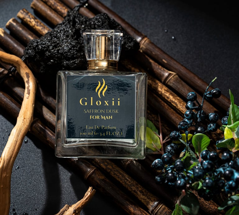Gloxii SAFFRON DUSK perfume bottle with saffron-inspired warm tones.”