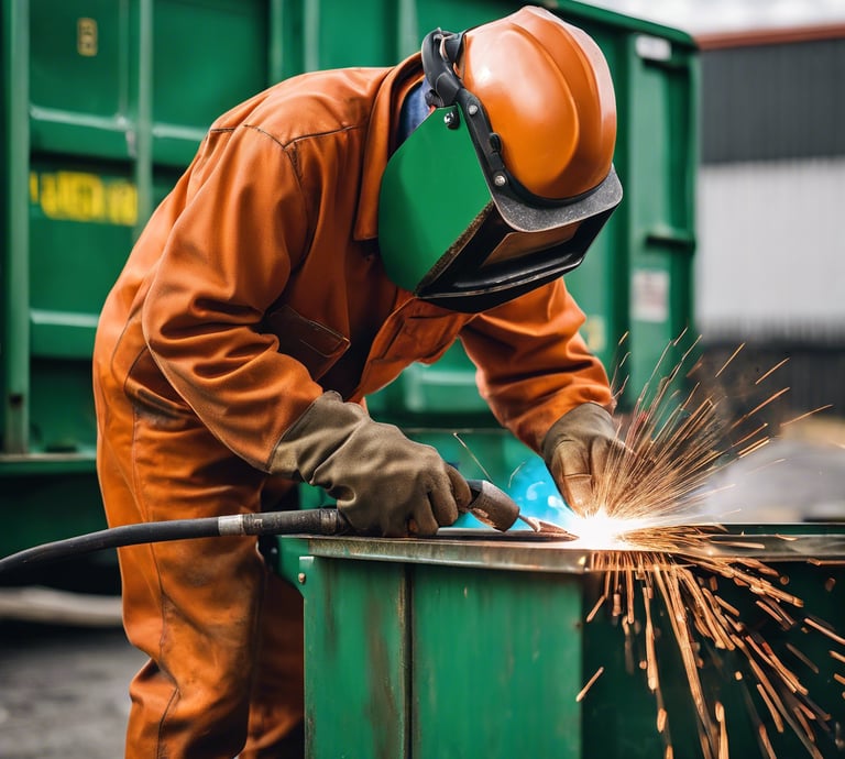 a man in a helmet and welding helmet welding a piece of metal