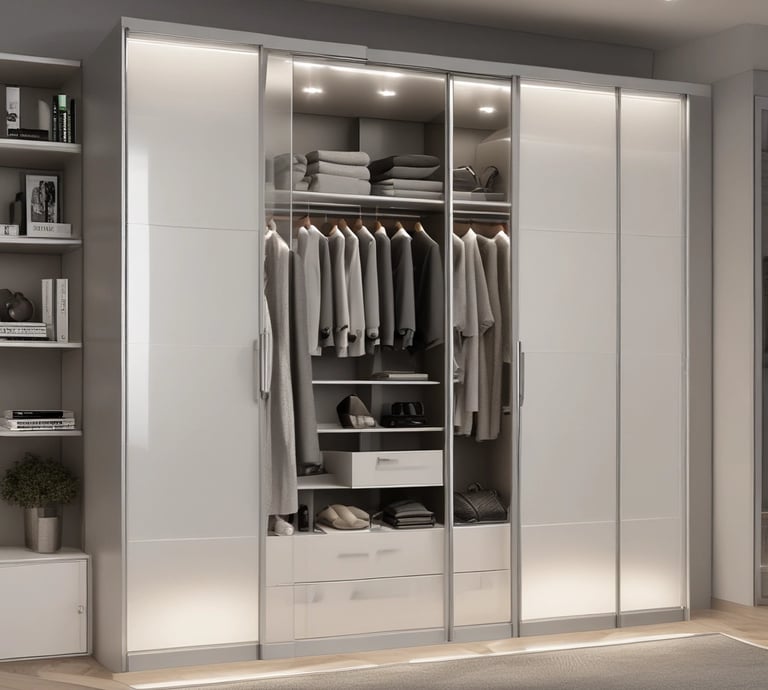 A cozy wooden interior featuring a large tree trunk integrated into the room's design. Sunlight streams through the glass-paned doors, illuminating a plush armchair with striped upholstery beside a wooden side table. Greenery in pots adds a fresh touch, and a small round wooden table with stools is visible near the wooden kitchenette.