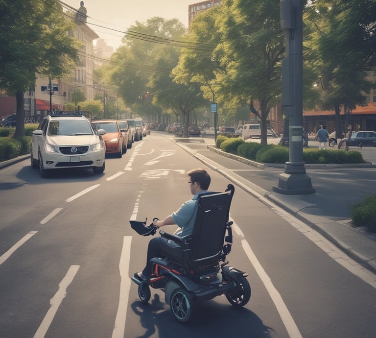 A lone wheelchair is positioned against a white wall with an attached camera, in an open parking area. Sunlight casts sharp shadows, and in the background, a clear view of an airport runway is visible along with parked cars.
