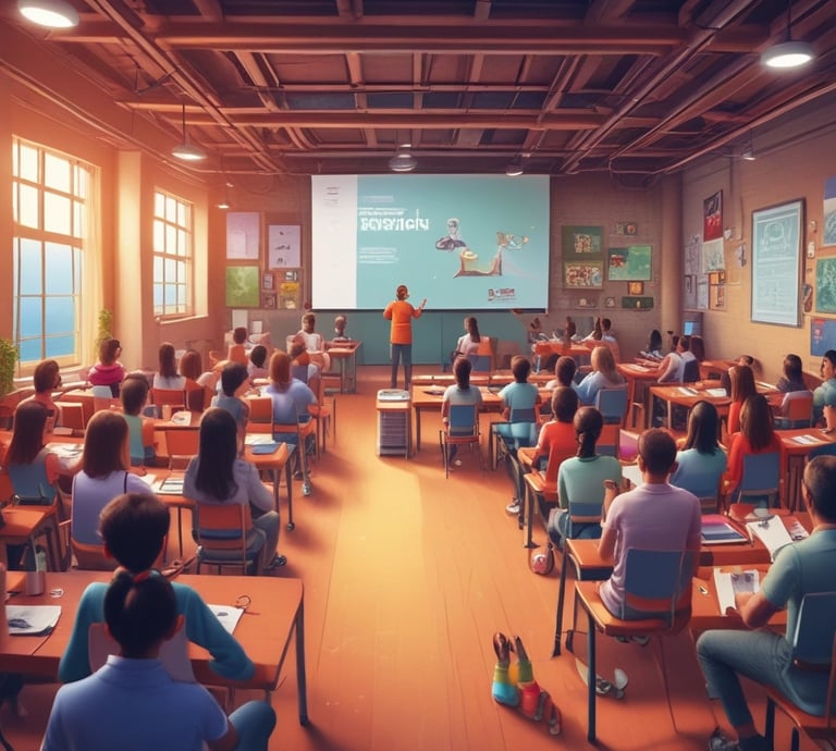 A classroom setting with several rows of empty orange and black chairs arranged in front of a wall-mounted projector. The room has a tiled ceiling with fluorescent lights and a wall air conditioning unit. A clock is visible on the wall, and the atmosphere appears clean and organized.
