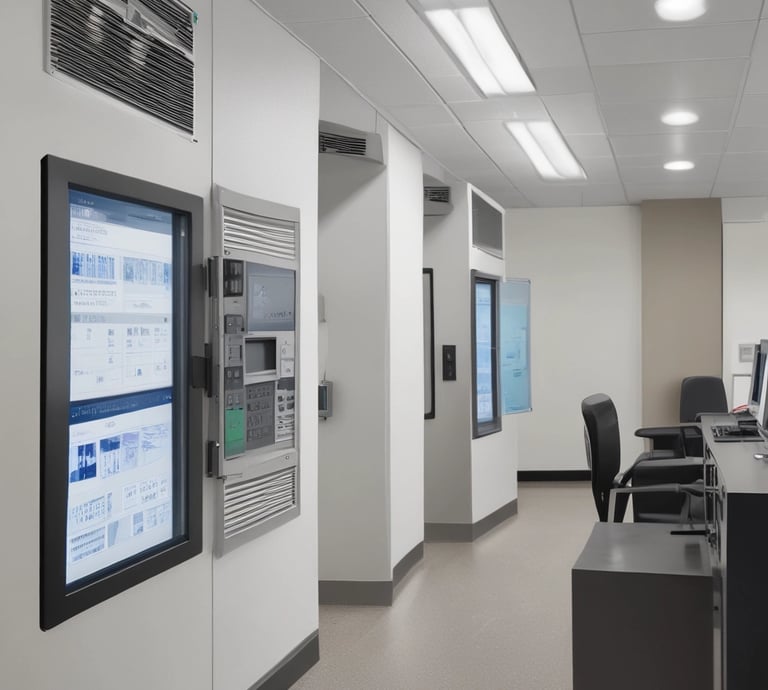 A modern office showcasing advanced IT and security technologies.