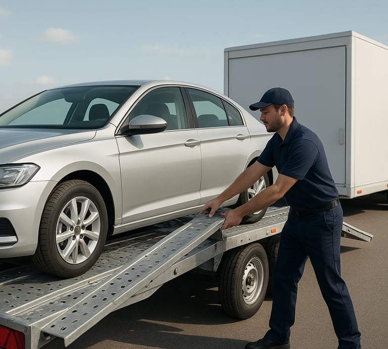 Guy loading car onto car transport
