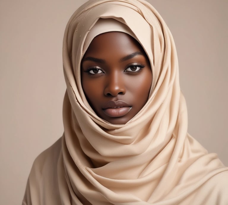 A portrait of a person wearing a silk brown hijab with elaborate makeup, including bold eyeliner and red lipstick. A decorative pendant is visible on the hijab.
