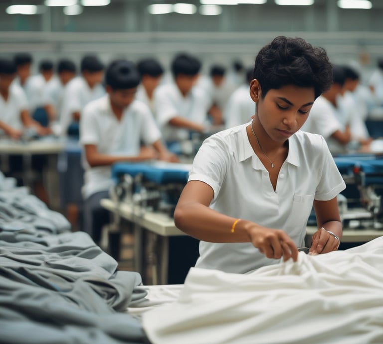 a woman in a factory producing a t - shirt