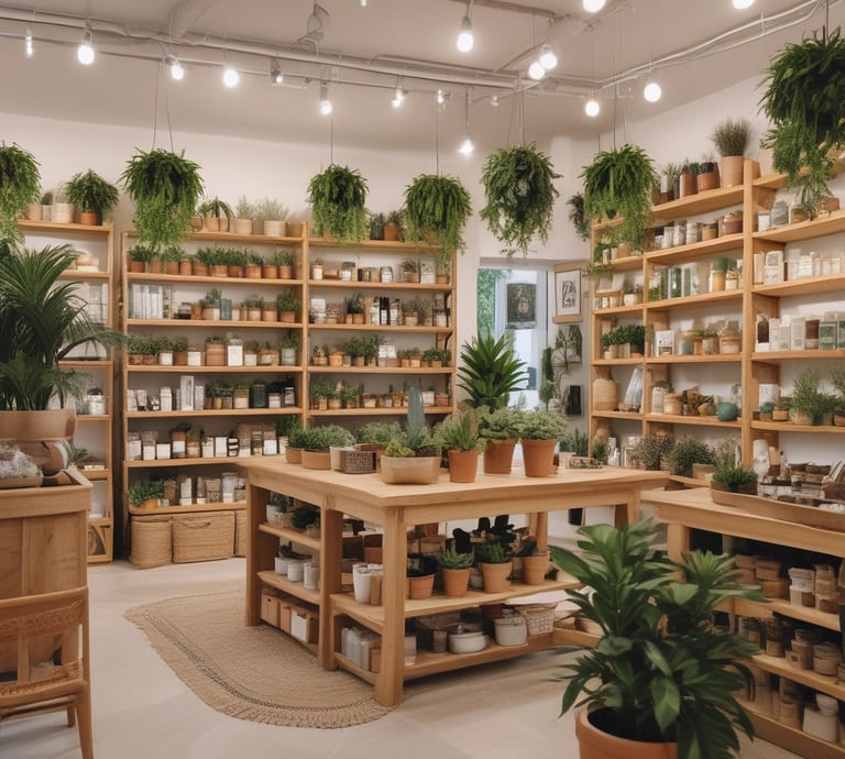 A cozy interior of a plant and pottery shop with wooden tables displaying an array of ceramic pots and lush green plants. The ceiling is adorned with hanging golden decorations, enhancing the warm and stylish decor. Shelves housing additional plants and decorative items line the walls, contributing to the inviting atmosphere.