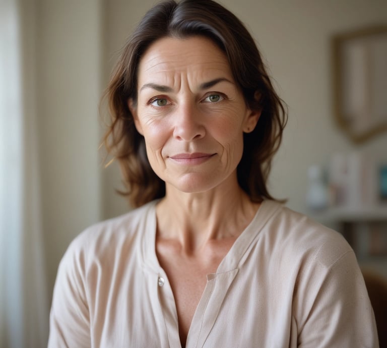 A close-up of a woman gently touching her glowing, healthy skin in natural light.