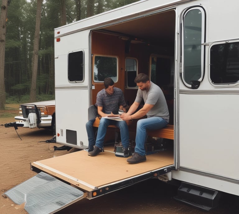 A skilled technician performing maintenance on an RV in a well-equipped workshop.