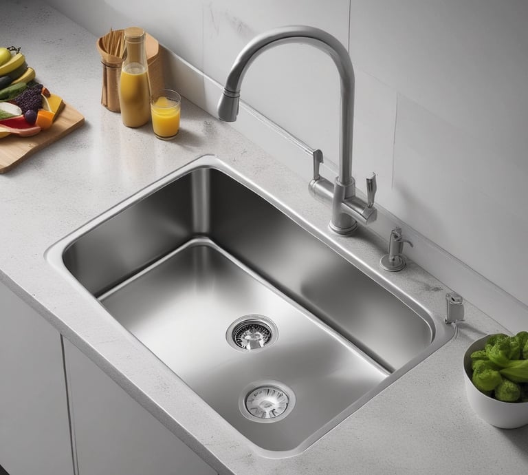 A modern, minimalist kitchen sink with a sleek, metallic faucet. The sink is white, and the faucet has a brushed metal finish, adding a contemporary touch. The kitchen setting appears clean and uncluttered, emphasizing simplicity and functionality.