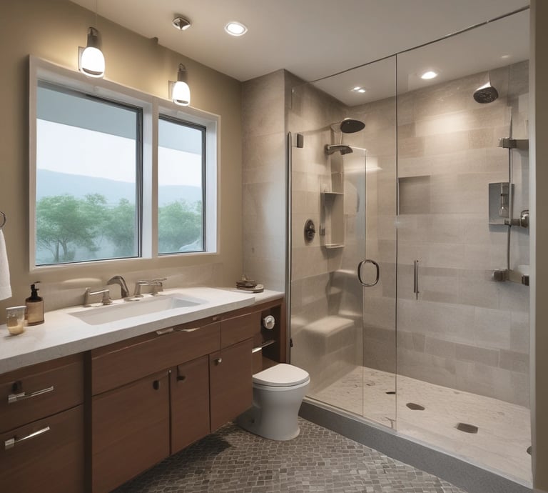 A modern bathroom features a large glass-enclosed shower with metallic fixtures and a bathtub adorned with mosaic tiles. A vibrant blue vanity with silver handles stands against the wall, topped with a marble counter and a large mirror. Bright lights illuminate the space, and a bouquet of flowers in a blue vase adds a touch of color.