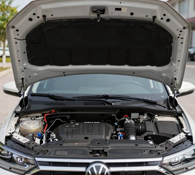 A person is working on a blue car, specifically the wheel area, with automotive tools. The individual is wearing a shirt with the word 'CLARITYCOAT' on the back. The car's front fender is visible, and the environment suggests a workshop setting.