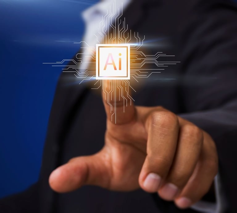 a man in a suit pointing at a computer chip powered with AI